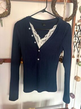 SHEIN Navy Ribbed Long Sleeve Lace-Trim Henley - Never Worn!